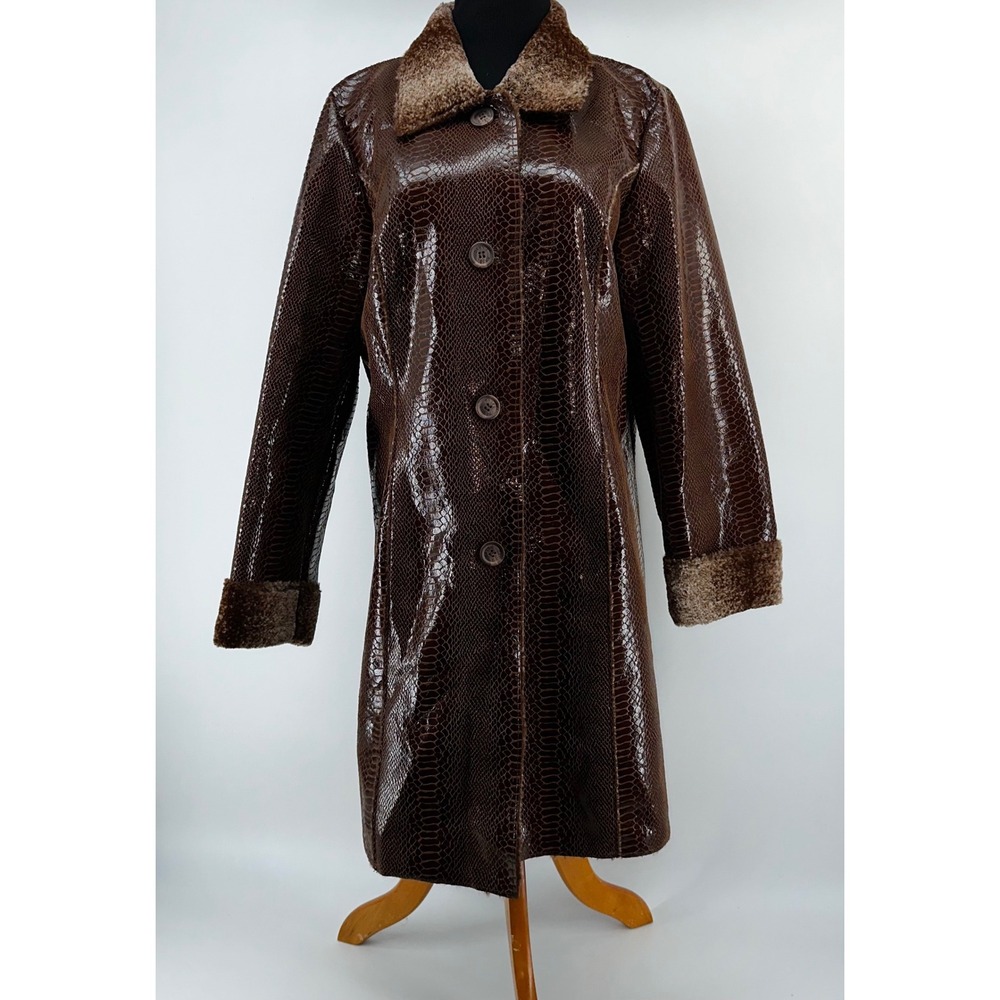 New Dennis Basso Snakeskin Faux‎ Fur Trim Coat Brown Shiny Unique Outerwear M